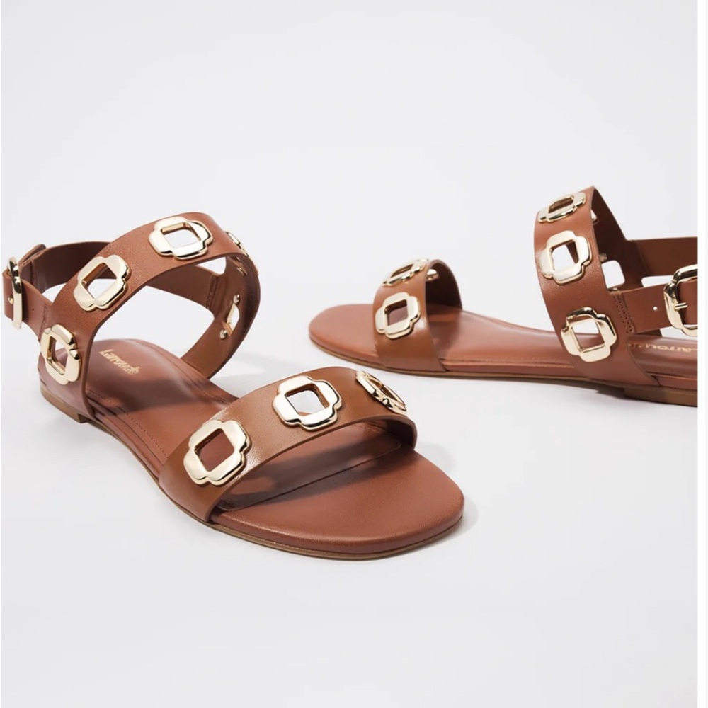 Larroude Milan caramel leather sandals with gold accents